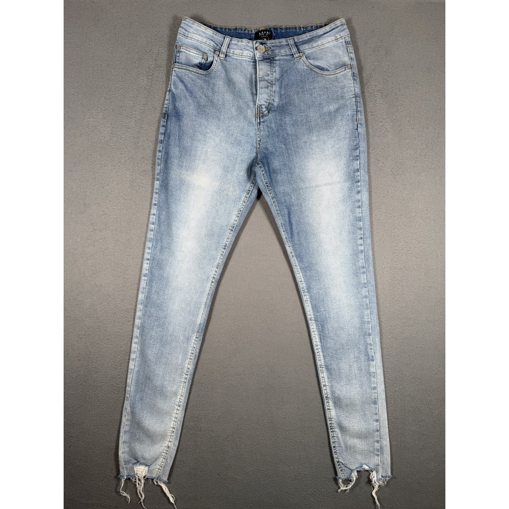 boohooMAN Mens Frayed Raw Hem Skinny Denim Jeans Light Wash Faded Blue 36x32